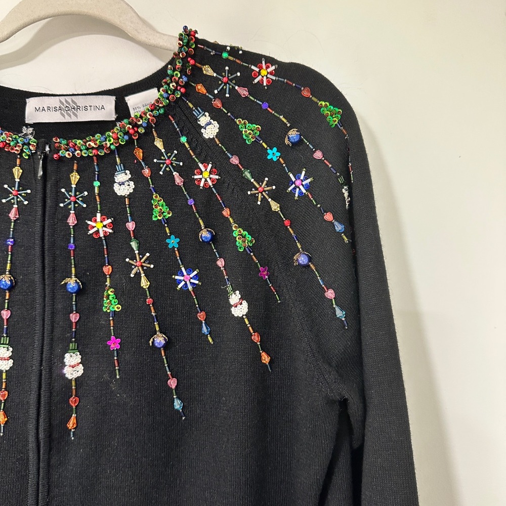 Vintage 90s Marisa Christina Beaded Cardigan Womens L Black Sequin Embellished